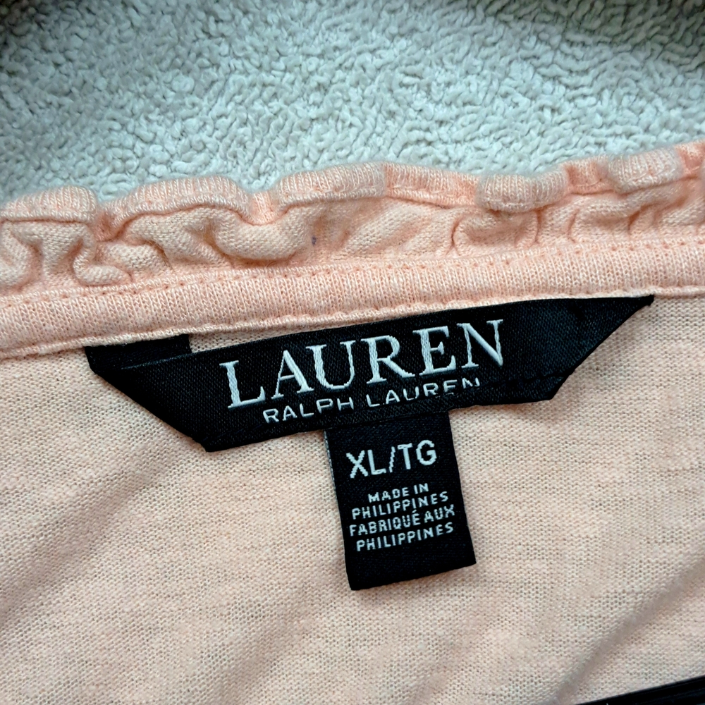 Ralph Lauren Black Label Linen Stretch Knit Soft Pink Ruffle Blouse Gold Tip2Tie